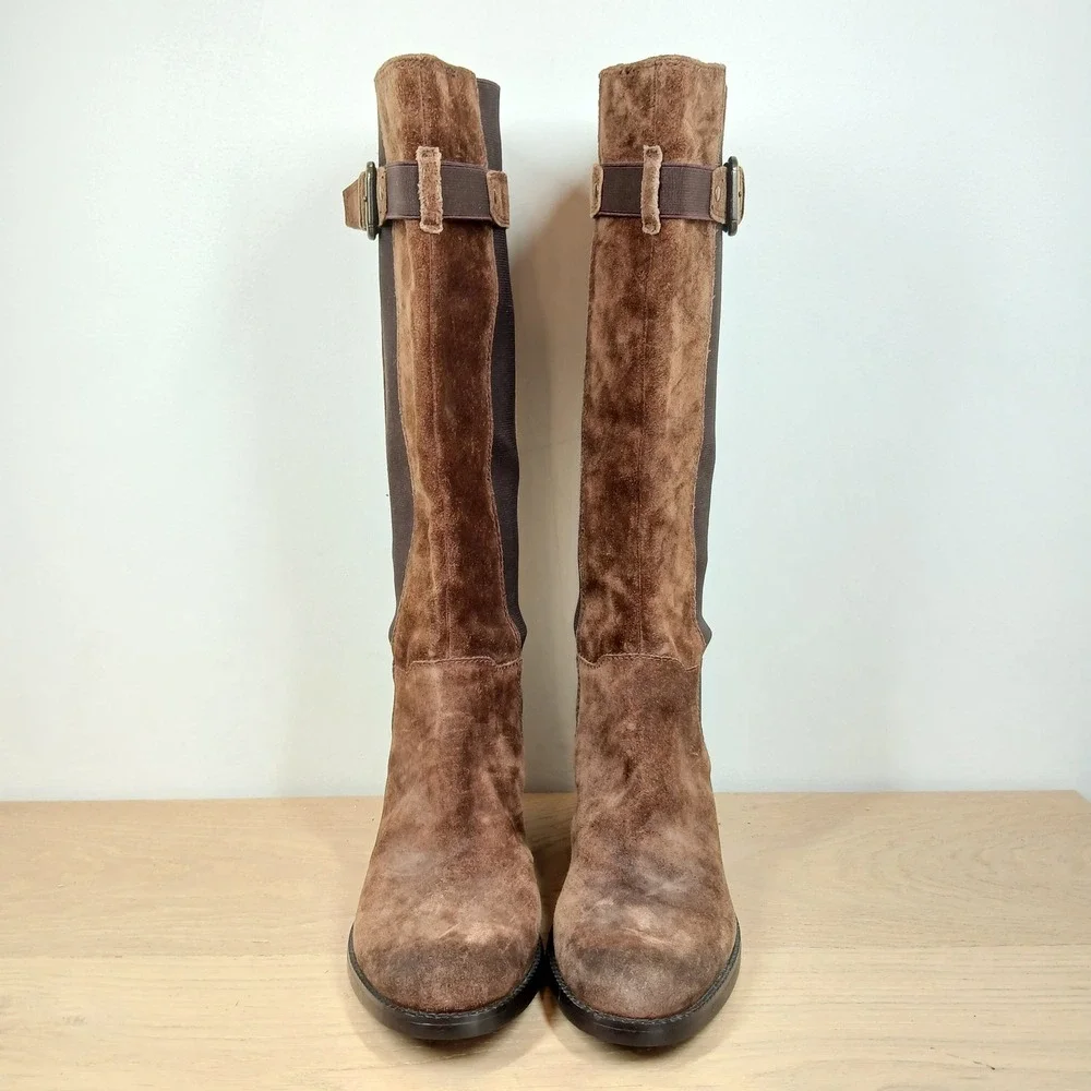 Franco Sarto Women's 7 Brown Suede Tall Riding Boots Buckle Stretch Calf